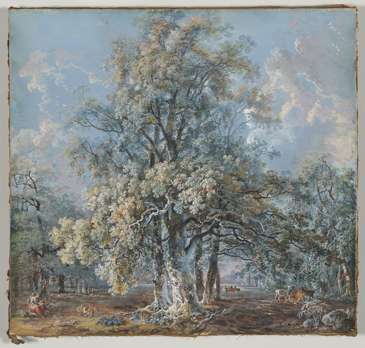 A mother and children resting beneath a large beech tree, deer grazing beyond, possibly in Norbury Park, Surrey, George Barret, the elder (Irish, Dublin 1728/32–1784 Paddington, London), Graphite and gouache (bodycolor) with gum arabic 