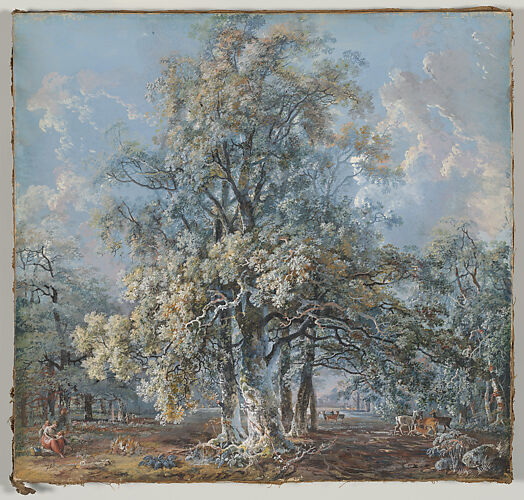 A mother and children resting beneath a large beech tree, deer grazing beyond, possibly in Norbury Park, Surrey