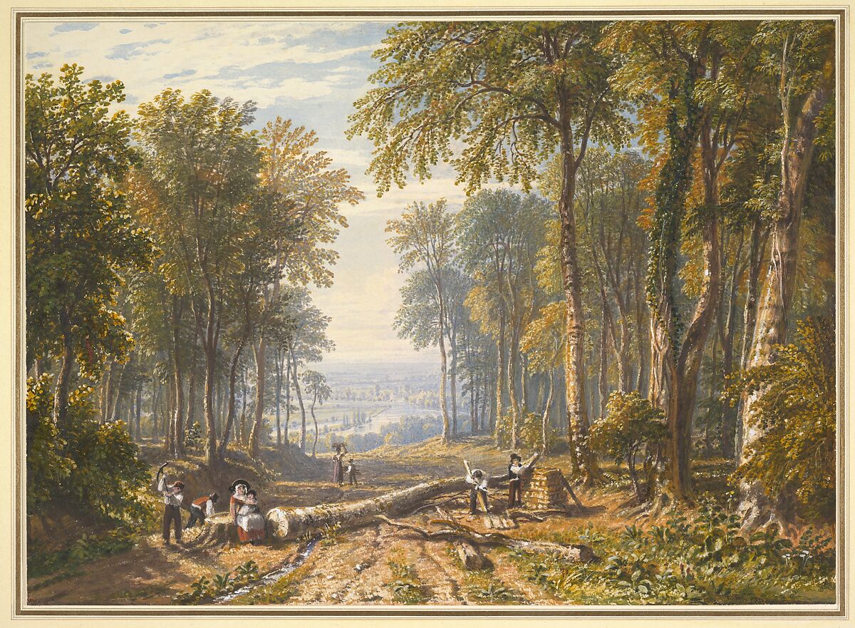 Woodcutters at Park Place, Henley, the river Thames beyond, William Havell (British, Reading 1782–1857 London), Graphite, watercolor and gouache (bodycolor) with gum arabic and scratching out 