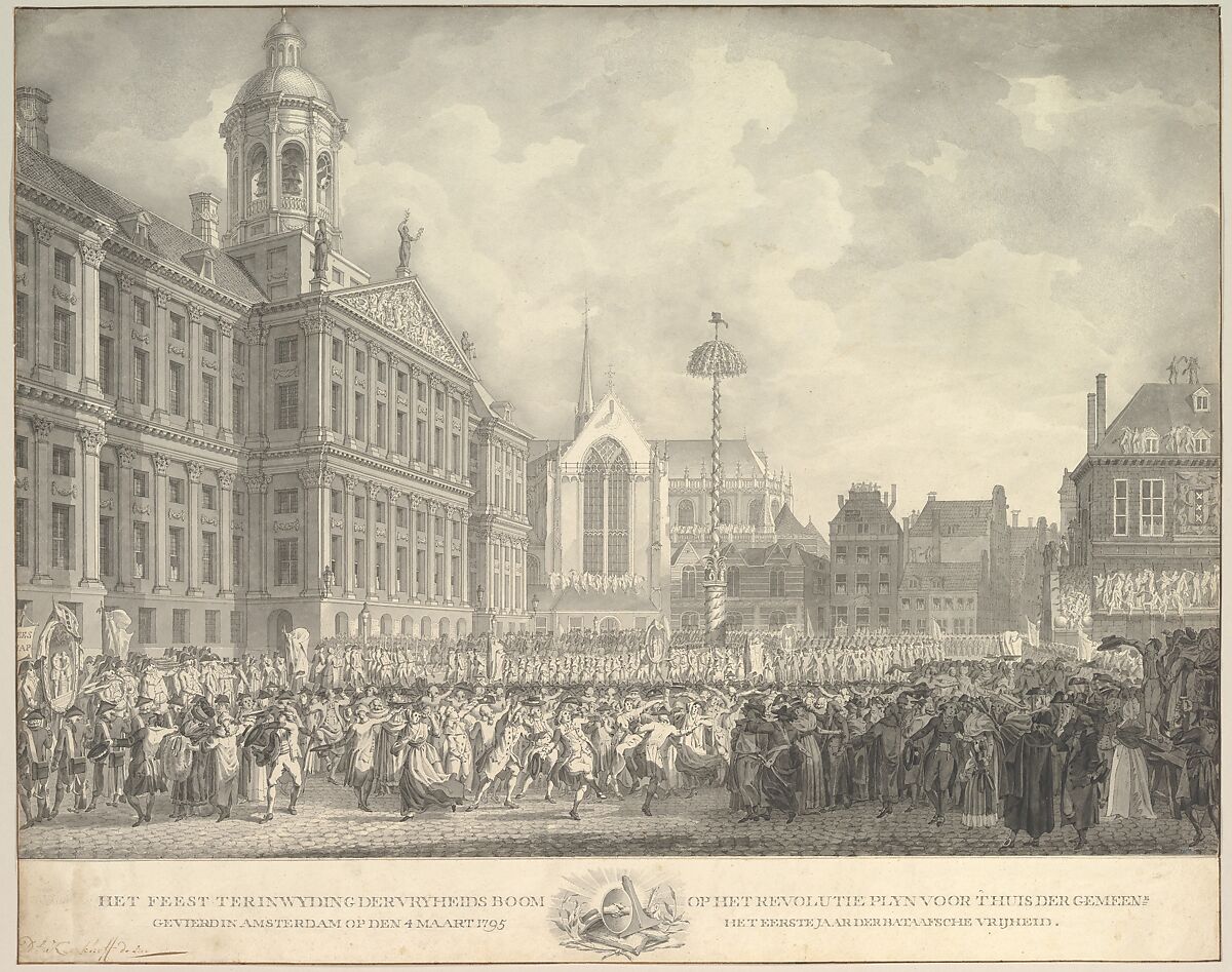 Popular Celebrations in Dam Square, Amsterdam, on 4 March 1795, marking the erection of the Liberty Tree and the success of the Batavian Revolution, Daniël Johannes Torman Kerkhoff (Dutch, Amsterdam 1766–1831 Amsterdam), Pen and black ink, brush and gray ink, over black chalk; framing line in pen and brown ink 