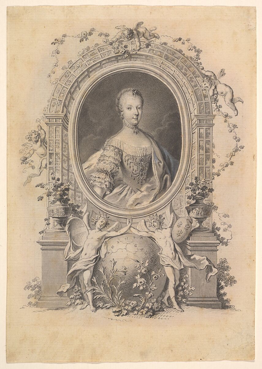 Portrait of Queen Marie-Antoinette in an ornamental frame, Johann Esaias Nilson (German, Augsburg 1721–1788 Augsburg), Pen and black ink, gray wash, heightened with white gouache, over graphite, incised contour lines; verso reddened with chalk for transfer 