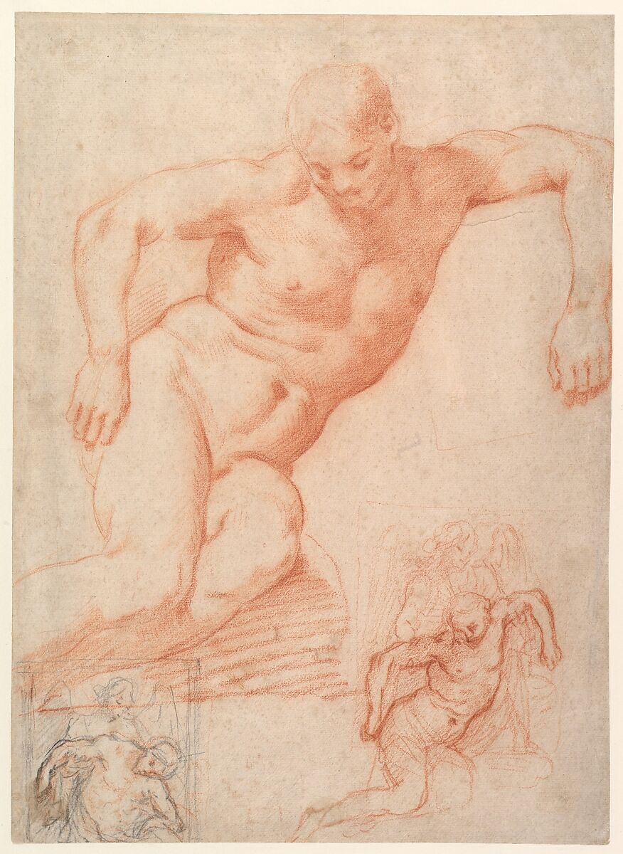 Studies of the Dead Christ supported by an Angel, with subsidiary studies for the same composition, Poppi (Francesco Morandini) (Italian, Poppi 1544–1597 Florence), Red and black chalk 