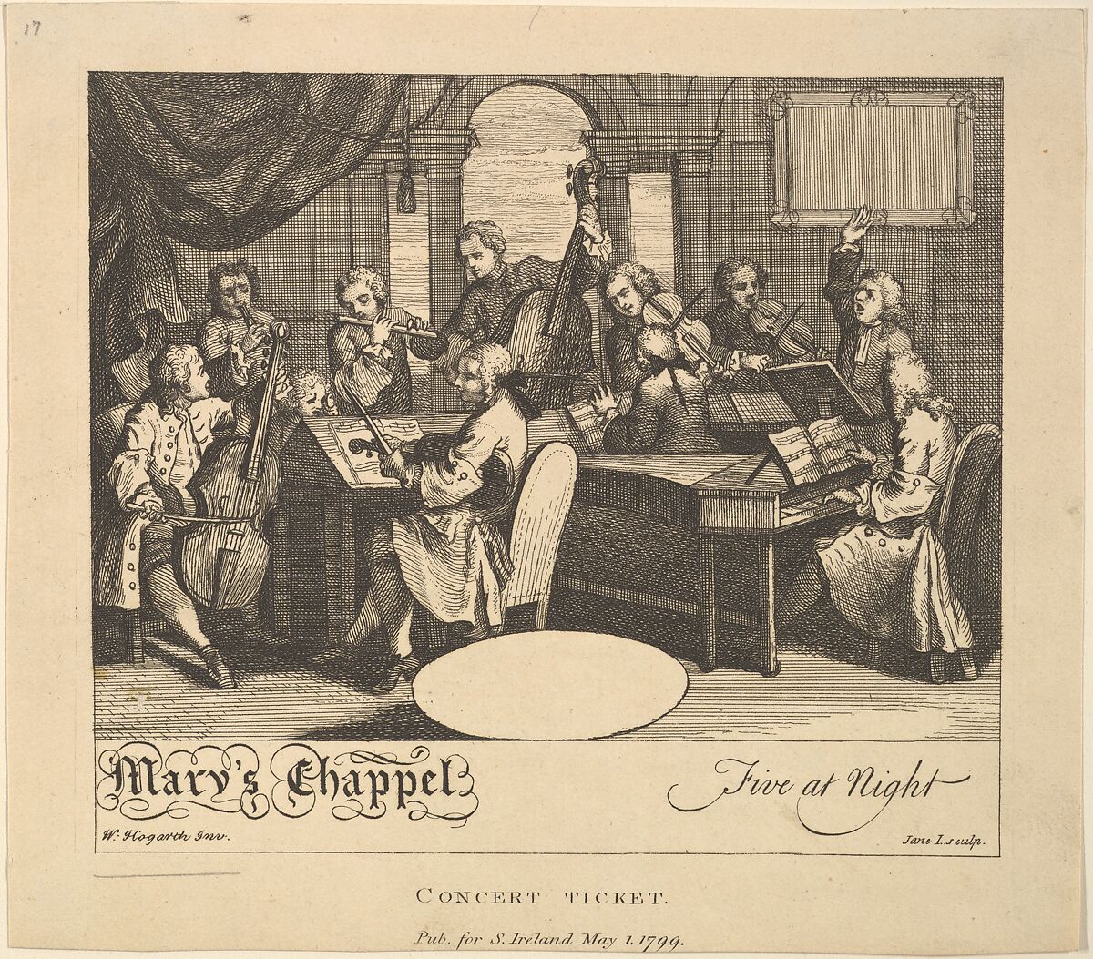 Concert Ticket - Mary's Chappel, Five at Night, Jane Ireland (British, active 1790s), Engraving 