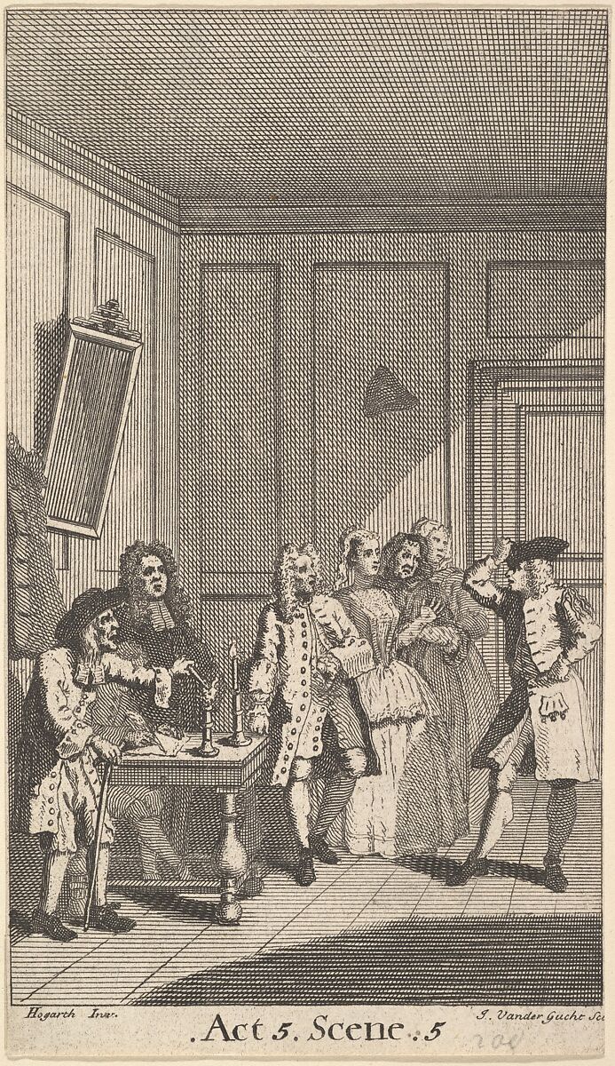 Frontispiece to Moliere's "L'Avare" (The Miser), John Vandergucht (British, London 1697–possibly 1732 London), Etching and engraving; second state of three 