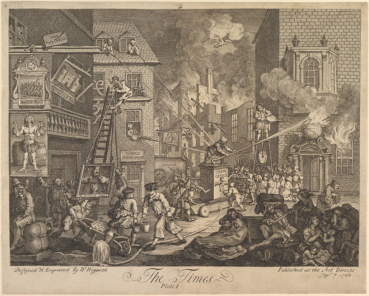 The Times, Plate 1, William Hogarth (British, London 1697–1764 London), Etching and engraving; first state of three 