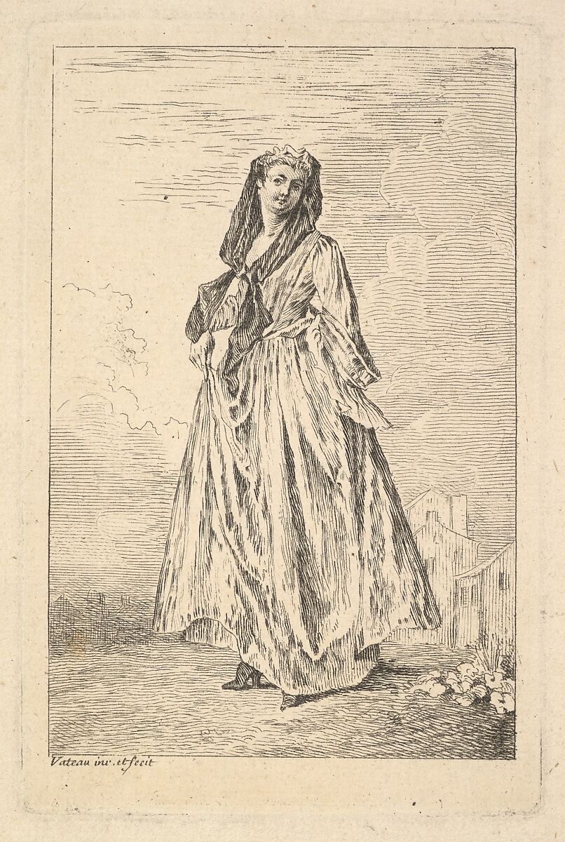 Woman walking and holding her skirt with her right hand, shown in three-quarters view with head turned toward the viewer, from "Figures of Fashion" (Figures de modes), Antoine Watteau (French, Valenciennes 1684–1721 Nogent-sur-Marne), Etching 