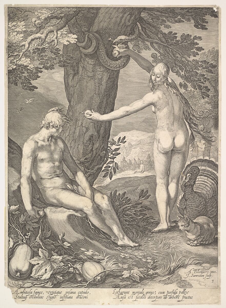 Eve Giving Adam the Forbidden Fruit; from "The Story of Adam and Eve", Jan (Pietersz.) Saenredam (Netherlandish, Zaandam 1565–1607 Assendelft), Engraving 