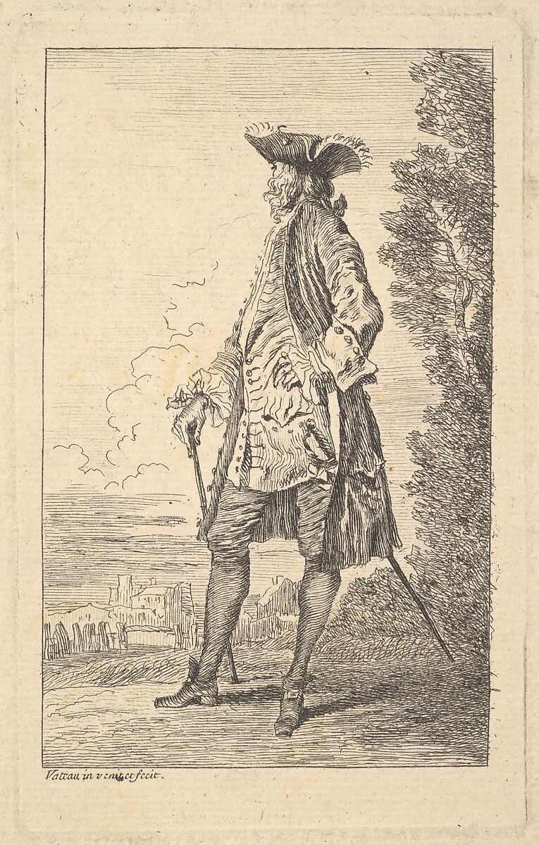 Man walking and carrying a cane in his right hand, shown in three-quarters view with his head turned away from the viewer, from "Figures of Fashion" (Figures de Modes), Antoine Watteau (French, Valenciennes 1684–1721 Nogent-sur-Marne), Etching 
