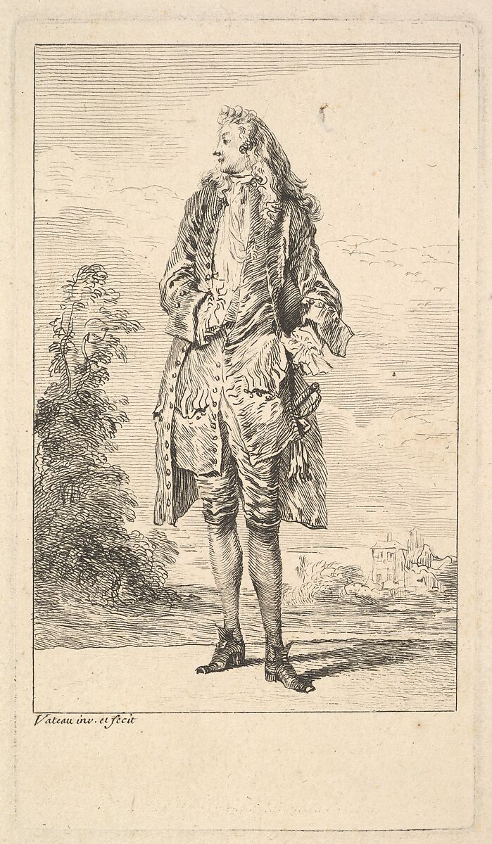Standing man with right hand tucked into his waistcoat, shown in frontal view with his head turned toward the left, from "Figures of Fashion" (Figures de Modes), Antoine Watteau (French, Valenciennes 1684–1721 Nogent-sur-Marne), Etching 