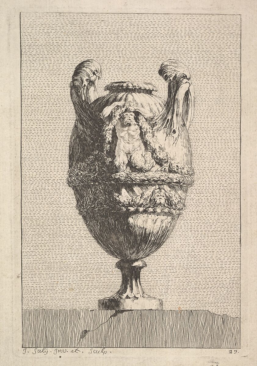Vase with a Male Siren holding up a Garland, from: Vases, Jacques François Joseph Saly (French, Valenciennes 1717–1776 Paris), Etching 