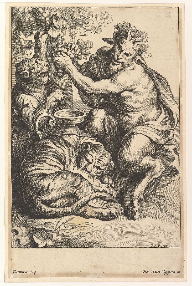 Satyr with Grapes and Two Tigers, Lucas Vorsterman II (Flemish, Antwerp 1624–after 1666 Antwerp), Etching; second of two states 