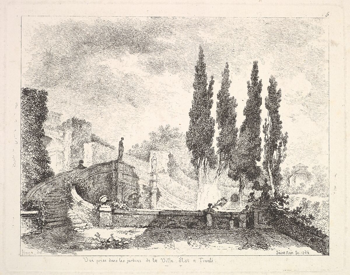 View of the gardens at the Villa d'Este in Tivoli, cyprus trees to right, a staircase leading to the villa at left, two statues at center of the staircase, three figures in the garden at right, After Jean Honoré Fragonard (French, Grasse 1732–1806 Paris), Etching 