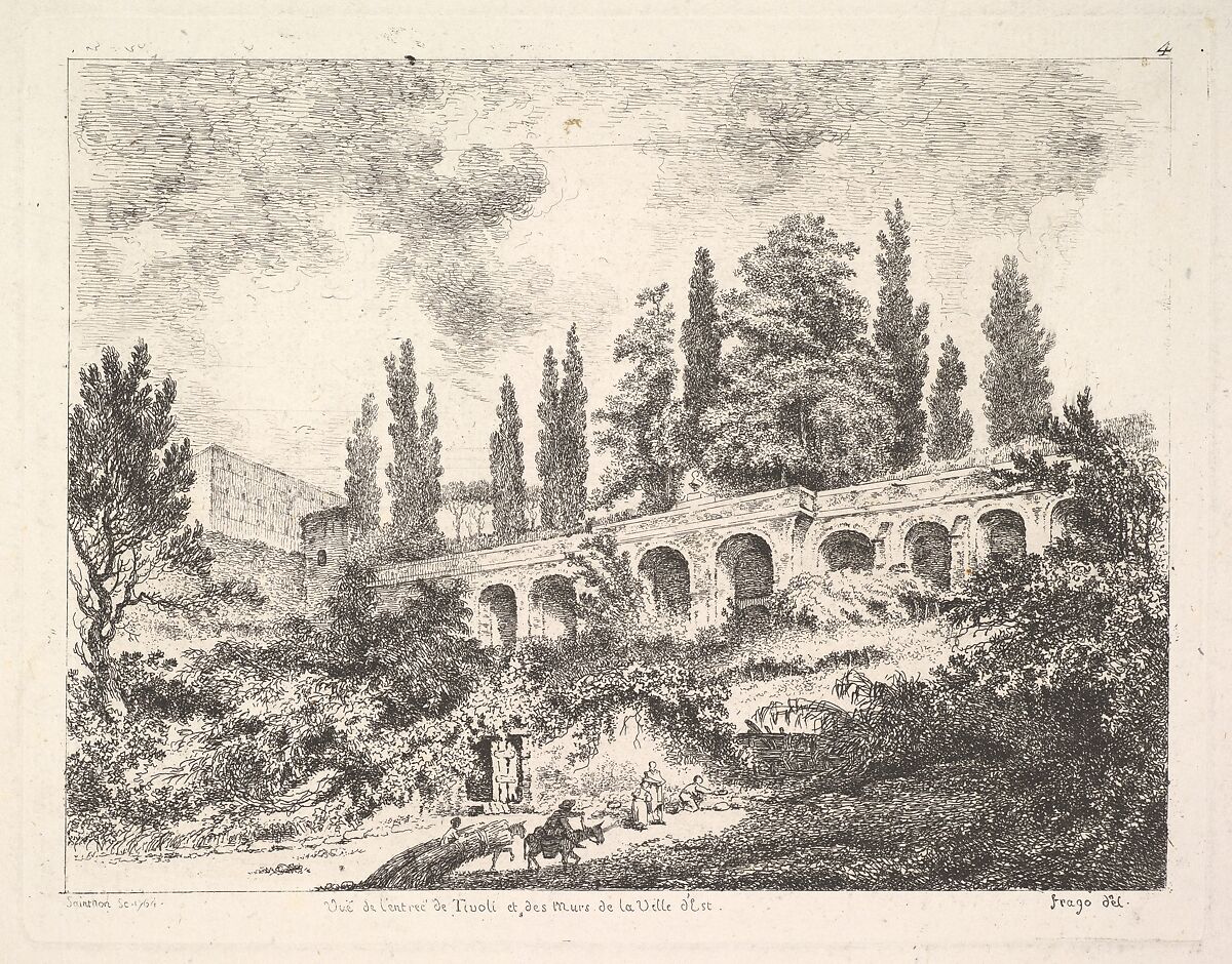 View of the entrance to Tivoli and the walls of the Villa d'Este, horsemen approaching the entrance at bottom center, arched entrance in the middleground, cyrus trees and other plants surrounding, Jean Claude Richard, Abbé de Saint-Non (French, Paris 1727–1791 Paris), Etching 