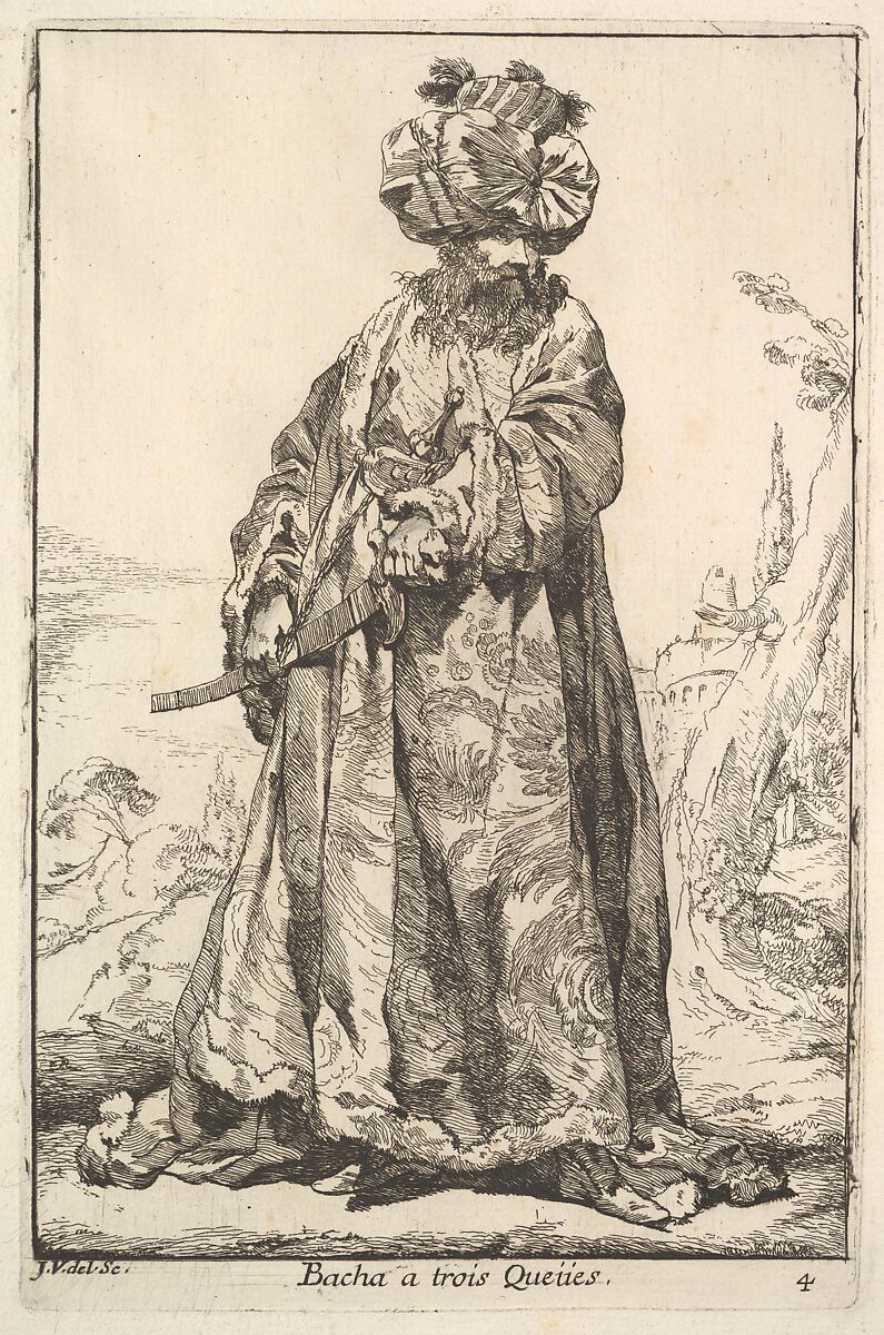 Pasha grasping a sword at his hip with both hands, from "Caravan of the Sultan to Mecca" (Caravane du Sultan à la Mecque), Joseph Marie Vien (French, Montpellier 1716–1809 Paris), Etching 