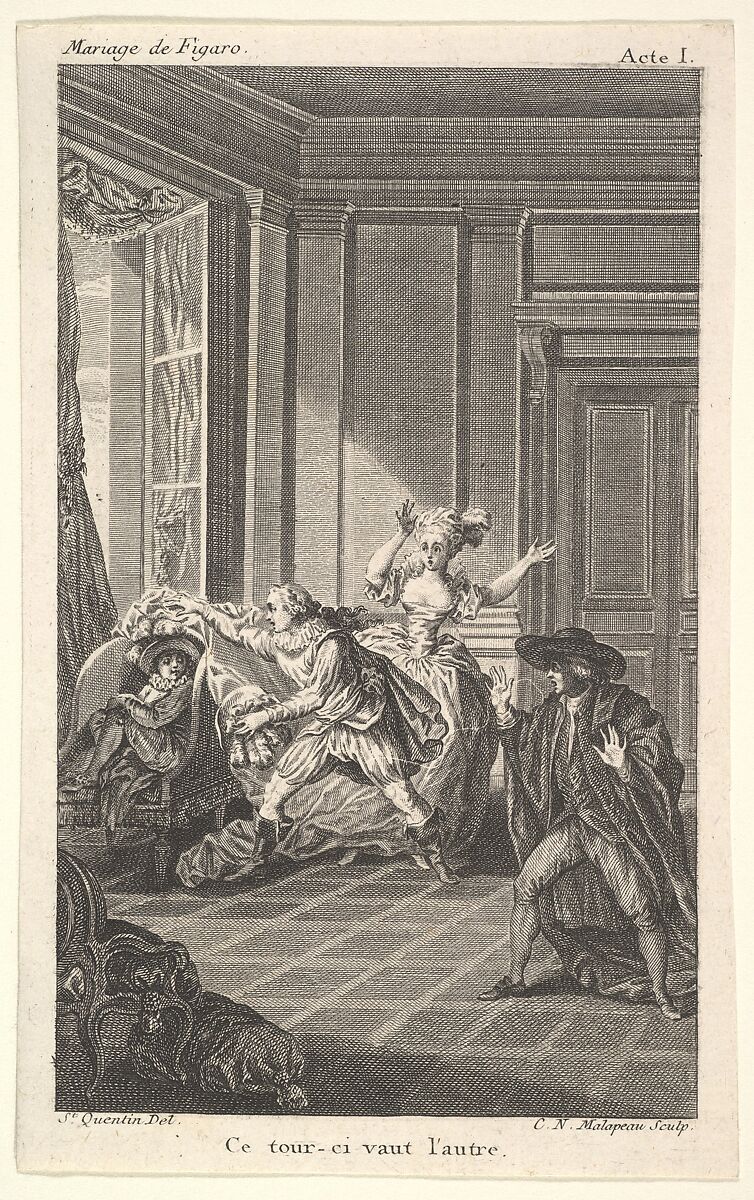 A man curled up in a chair looks toward another man who approaches him from the left in an interior setting, a woman and a man stand nearby with their hands raised, from a series of five illustrations after Jacques Philippe Joseph de Saint-Quentin for 'The mad day, or the marriage of Figaro' (La Folle journée, ou le mariage de Figaro) by Pierre Augustin Caron de Beaumarchais, After Jacques Philippe Joseph de Saint Quentin (French, born Paris, 1738), Etching with engraving 