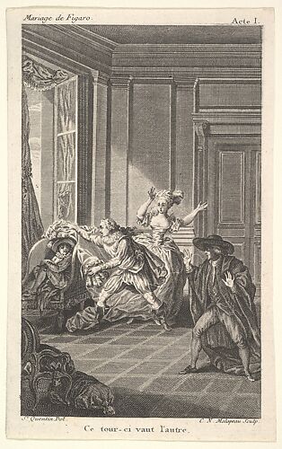 A man curled up in a chair looks toward another man who approaches him from the left in an interior setting, a woman and a man stand nearby with their hands raised, from a series of five illustrations after Jacques Philippe Joseph de Saint-Quentin for 'The mad day, or the marriage of Figaro' (La Folle journée, ou le mariage de Figaro) by Pierre Augustin Caron de Beaumarchais