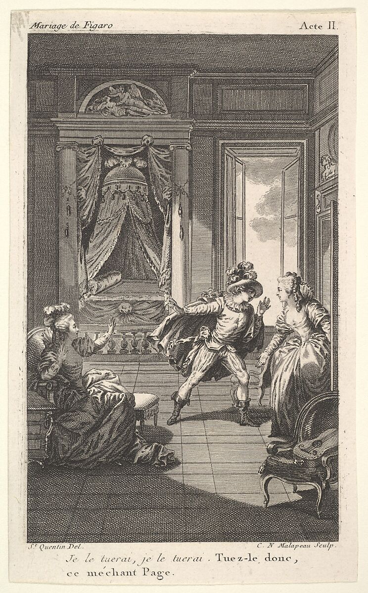 A man leans toward a woman standing in a doorway at right, at left a seated woman raises both hands, a canopied bed beyond, from a series of five illustrations after Jacques Philippe Joseph de Saint-Quentin for 'The mad day, or the marriage of Figaro' (La Folle journée, ou le mariage de Figaro) by Pierre Augustin Caron de Beaumarchais, After Jacques Philippe Joseph de Saint Quentin (French, born Paris, 1738), Etching with engraving 