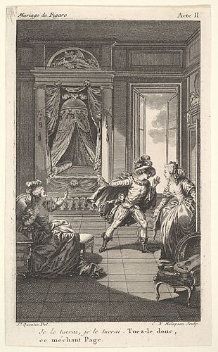 A man leans toward a woman standing in a doorway at right, at left a seated woman raises both hands, a canopied bed beyond, from a series of five illustrations after Jacques Philippe Joseph de Saint-Quentin for 'The mad day, or the marriage of Figaro' (La Folle journée, ou le mariage de Figaro) by Pierre Augustin Caron de Beaumarchais