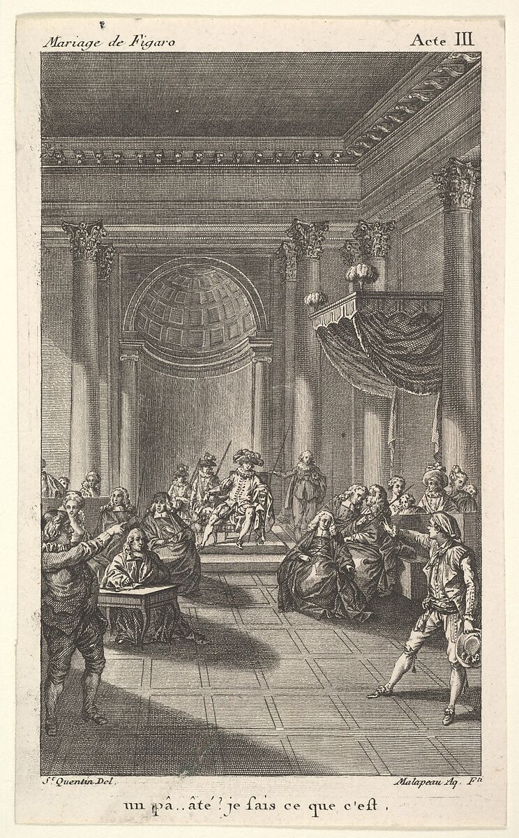 A man seated in a chair on a stepped platform holds an audience, two pointing men stand in the foreground, from a series of five illustrations after Jacques Philippe Joseph de Saint-Quentin for 'The mad day, or the marriage of Figaro' (La Folle journée, ou le mariage de Figaro) by Pierre Augustin Caron de Beaumarchais, After Jacques Philippe Joseph de Saint Quentin (French, born Paris, 1738), Etching with engraving 