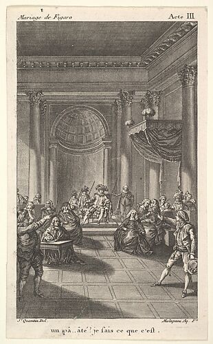 A man seated in a chair on a stepped platform holds an audience, two pointing men stand in the foreground, from a series of five illustrations after Jacques Philippe Joseph de Saint-Quentin for 'The mad day, or the marriage of Figaro' (La Folle journée, ou le mariage de Figaro) by Pierre Augustin Caron de Beaumarchais
