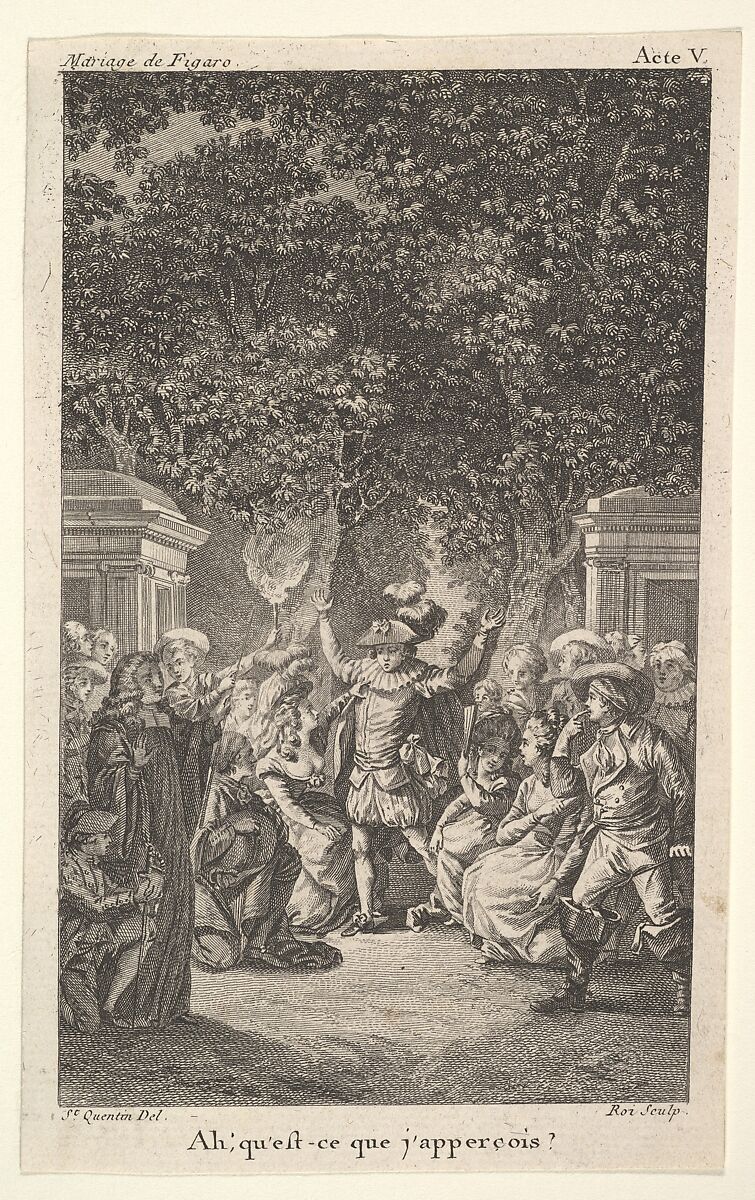 A young boy holds a torch under trees in a garden, at center a man raises both arms, surrounded by male and female figures, from a series of five illustrations after Jacques Philippe Joseph de Saint-Quentin for 'The mad day, or the marriage of Figaro' (La Folle journée, ou le mariage de Figaro) by Pierre Augustin Caron de Beaumarchais, After Jacques Philippe Joseph de Saint Quentin (French, born Paris, 1738), Etching with engraving 