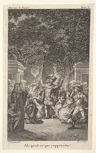 A young boy holds a torch under trees in a garden, at center a man raises both arms, surrounded by male and female figures, from a series of five illustrations after Jacques Philippe Joseph de Saint-Quentin for 'The mad day, or the marriage of Figaro' (La Folle journée, ou le mariage de Figaro) by Pierre Augustin Caron de Beaumarchais