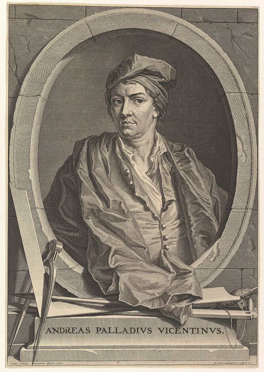 Portrait of Andrea Palladio in half-length within an oval frame; a compass, carpenter's square, and plumb line rest on the plinth below the oval, from an unidentified edition of 'Architecture de Palladio,' revised by Giacomo Leoni and translated by Nicholas du Bois, Bernard Picart (French, Paris 1673–1733 Amsterdam), Engraving 