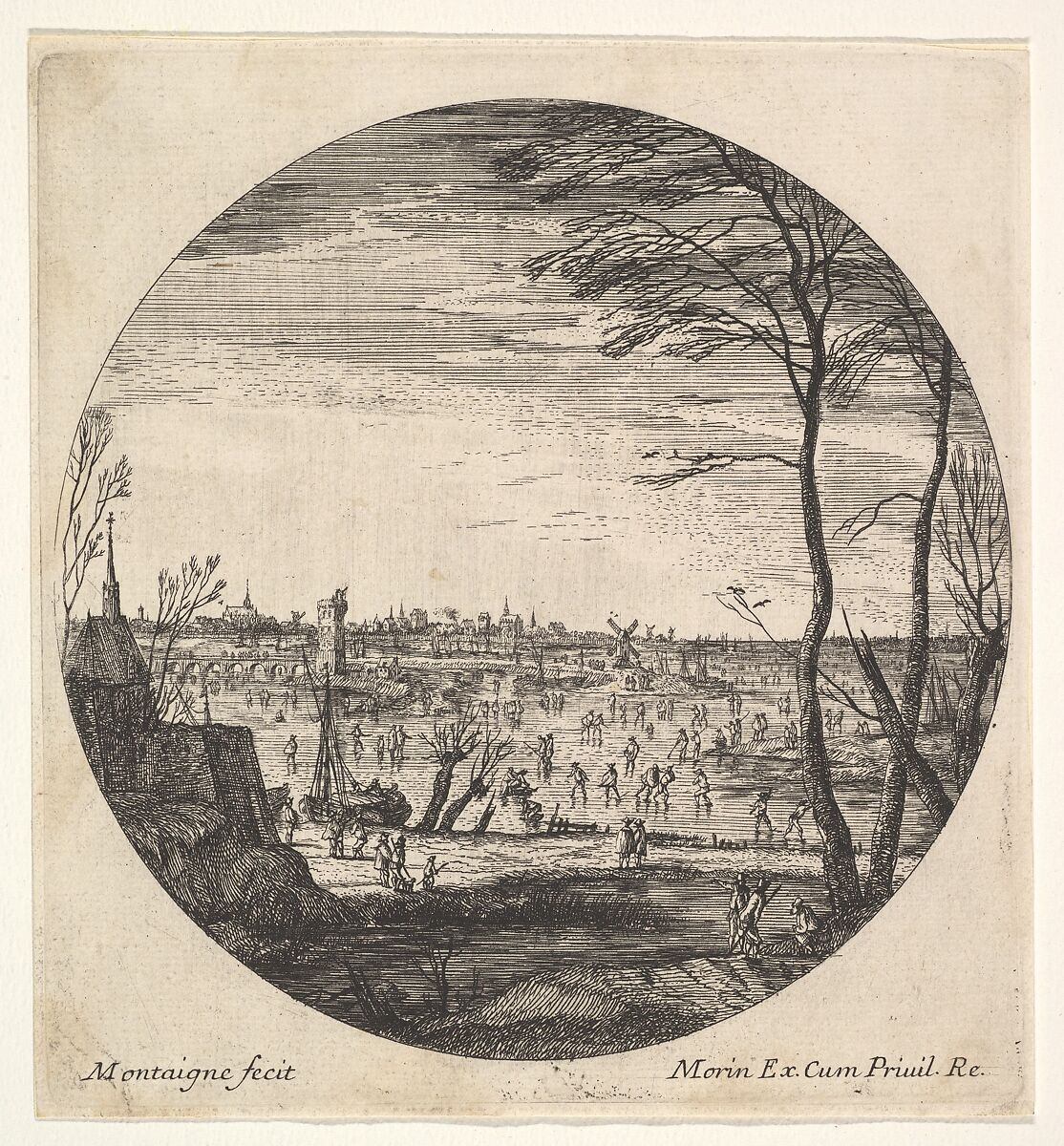 Winter landscape with figures skating on a frozen body of water in a roundel composition; a church and trees in the foreground; a bridge, churches, and windmills beyond, Matthijs van Plattenberg (Flemish, Antwerp ca. 1608–1660 Paris), Etching 