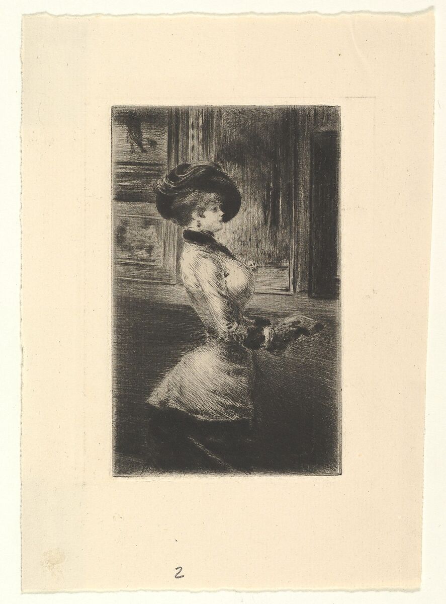 Three-quarter Length Woman in Profile at a Picture Gallery, Henri Somm (French, Rouen 1844–1907 Paris), Drypoint 