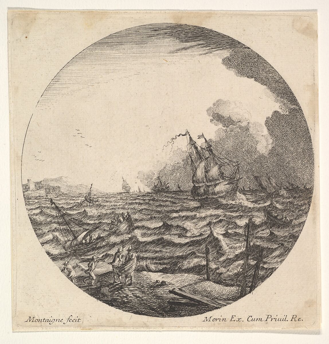 Tempest in a roundel composition, at left waves toss a small ship occupied by seven figures, ships and dark clouds beyond, Matthijs van Plattenberg (Flemish, Antwerp ca. 1608–1660 Paris), Etching 
