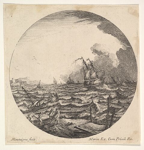 Tempest in a roundel composition, at left waves toss a small ship occupied by seven figures, ships and dark clouds beyond