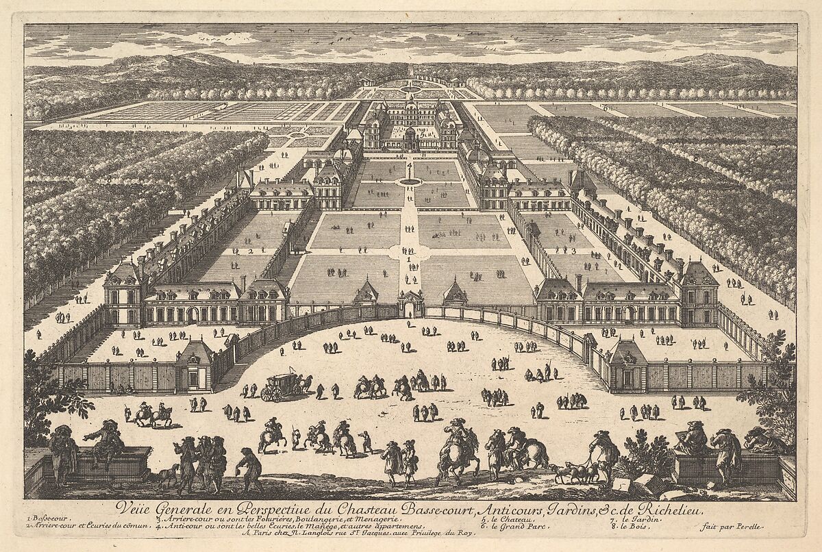 Veüe generale en Perspective du Château Bassecourt, Anticours, Jardins, &c. de Richelieu, Adam Perelle (French, Paris 1640–1695 Paris), Etching 