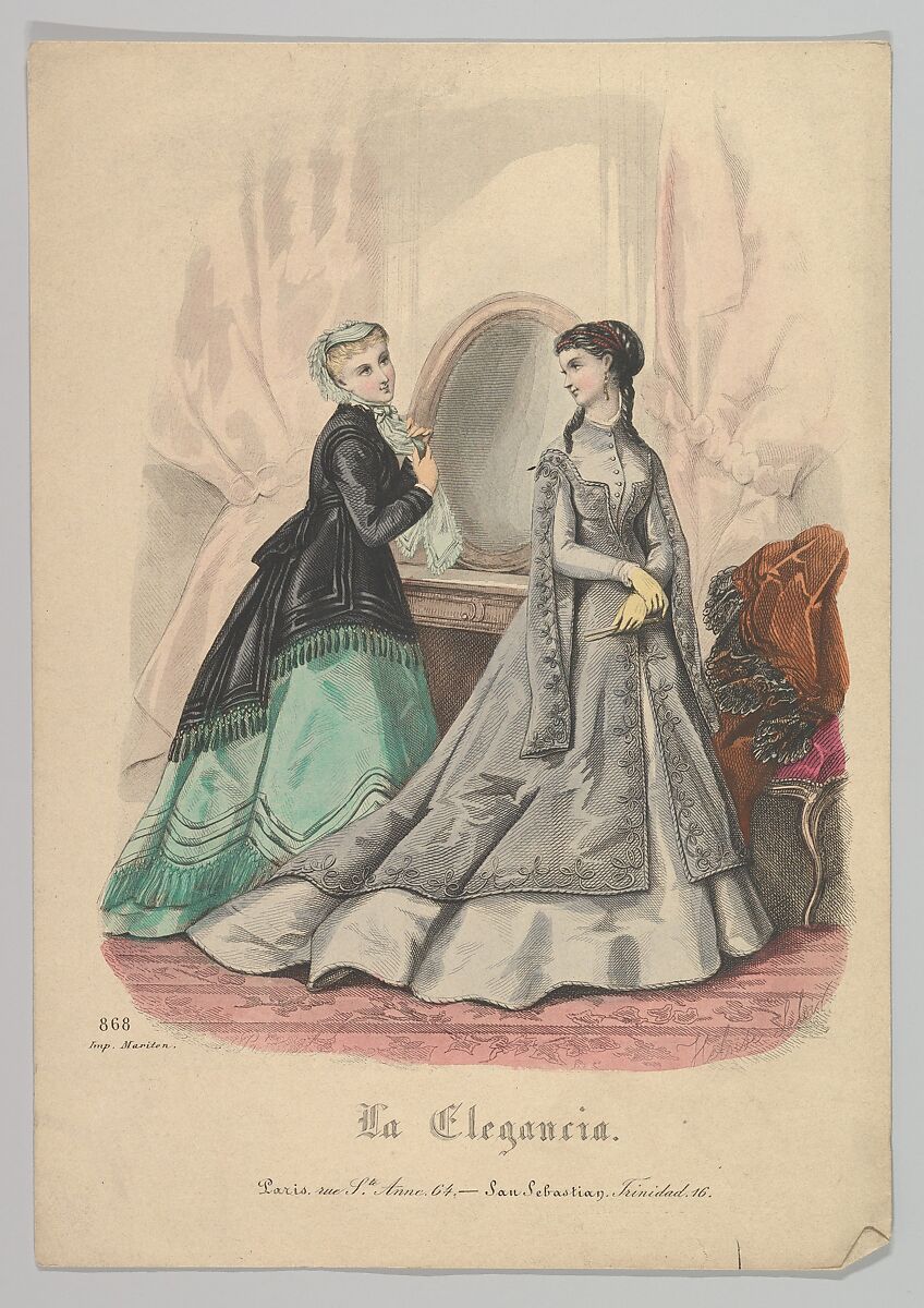 Two Women with a Mirror,  No. 868, from La Elegancia (San Sebastian?), Hélöise Leloir (French, 1820–1873), Steel engraving with hand coloring 