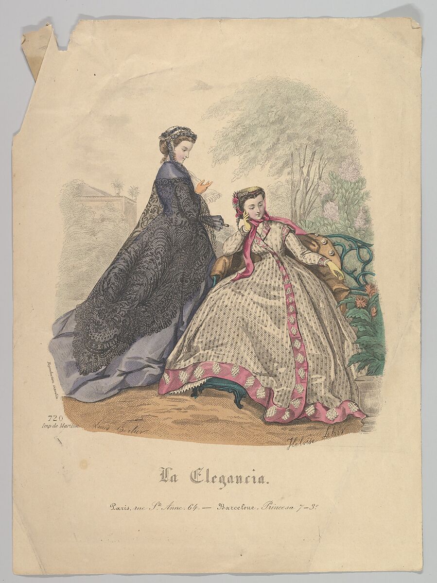 Two Women Outdoors, No. 720, from La Elegancia (Barcelona), Hélöise Leloir (French, 1820–1873), Hand-colored lithograph 