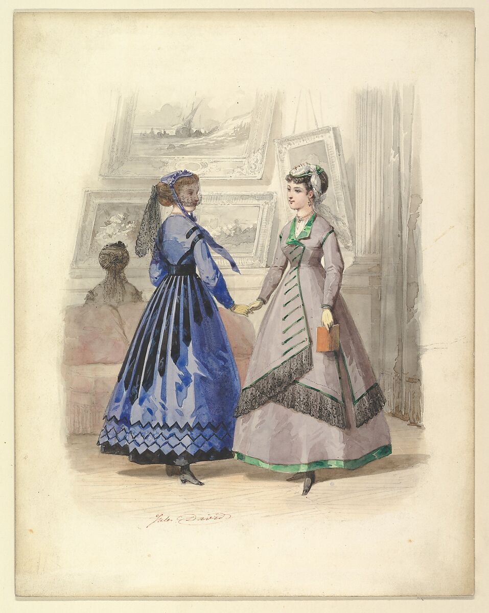 Two Women in an Art Gallery, Jules David (French, Paris 1808–1892 Paris), Watercolor 