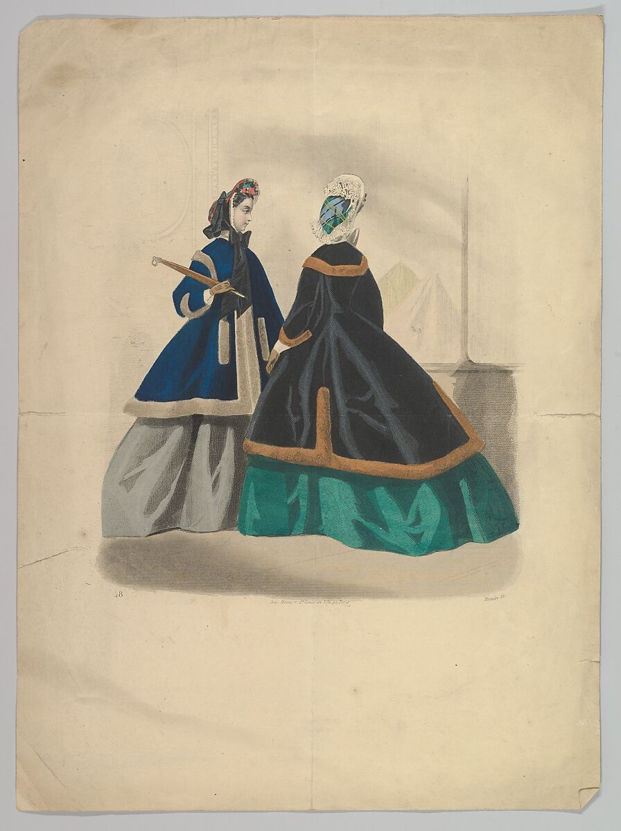Two Women Wearing Coats, Anonymous, French, 19th century, Steel engraving with hand coloring 