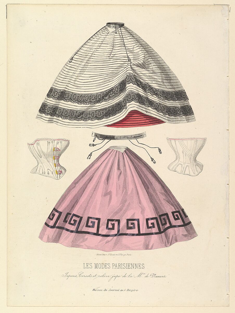 Jupons, corsets et relève jupe de la Maison de Plument, from Les Modes Parisiennes Illustrées, Anonymous, French, 19th century, Steel engraving with hand coloring 