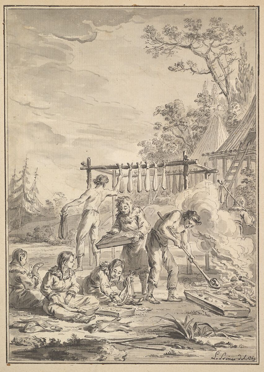 Itelmen Preparing Fish to be Dried, Jean-Baptiste Le Prince (French, Metz 1734–1781 Saint-Denis-du-Port), Pen and black ink, brush and gray wash, over black chalk 