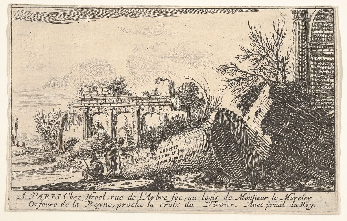 A man reaches toward a fallen column, a seated man beside him, trees and ruins beyond, frontispiece from "Views of Italy" (Vues d'Italie), Israel Silvestre (French, Nancy 1621–1691 Paris), Etching 