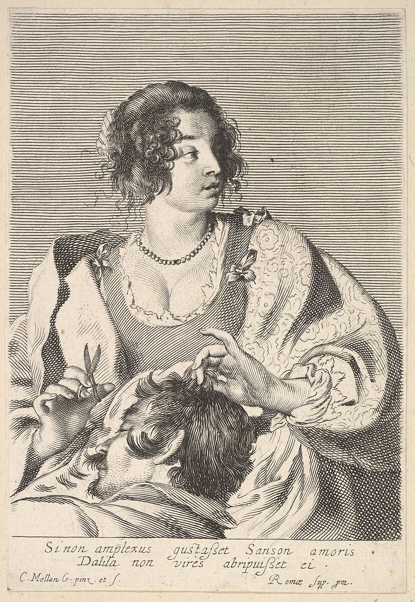 Delilah preparing to cut Samson's hair with scissors in her right hand, below her chest are the head and shoulders of the sleeping Samson, Claude Mellan (French, Abbeville 1598–1688 Paris), Engraving 