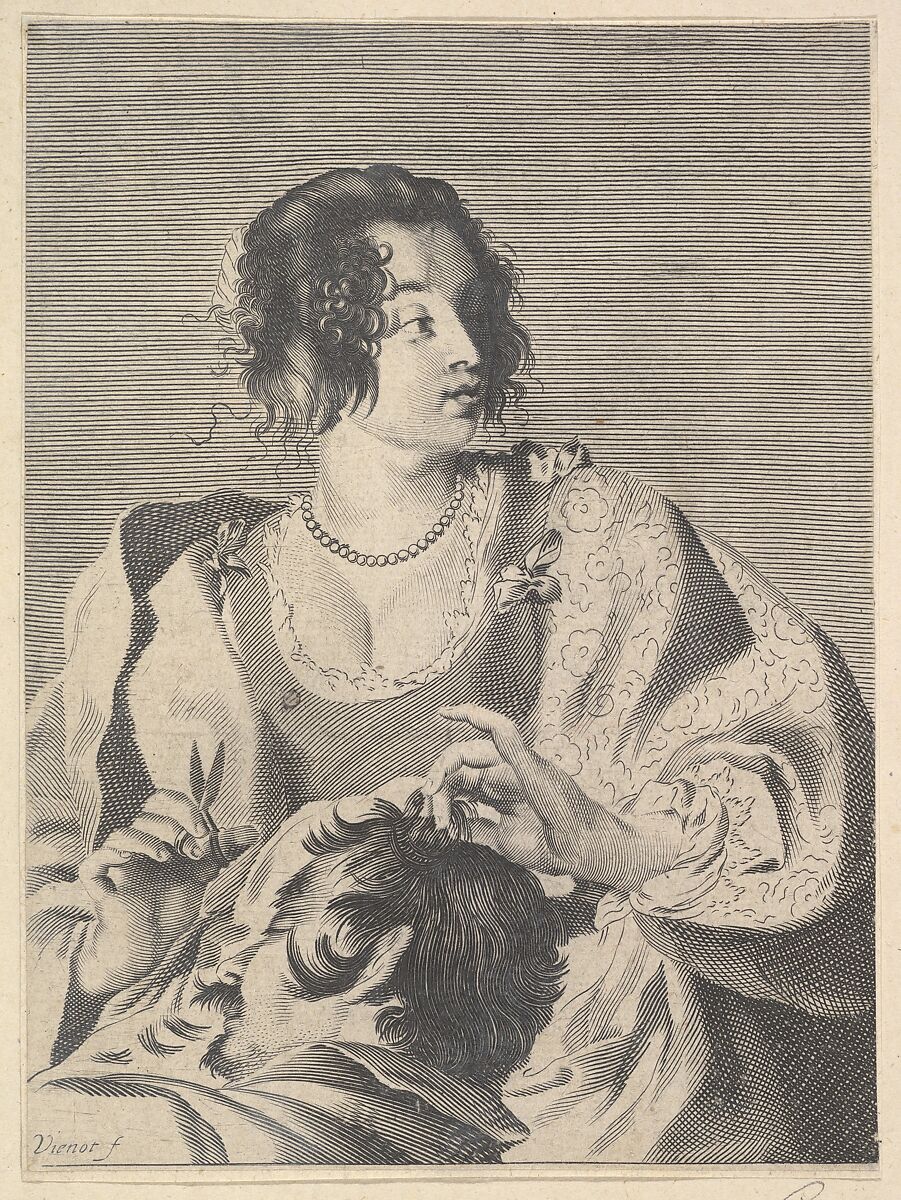 Delilah preparing to cut Samson's hair with scissors in her right hand, below her chest are the head and shoulders of the sleeping Samson, Nicolas Viennot (fl 1630–1635), Engraving 