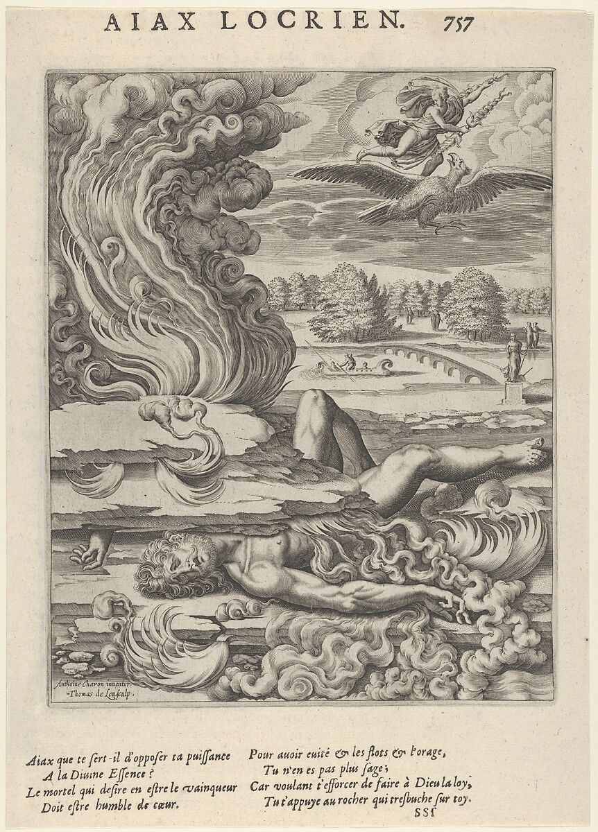 Locrian Ajax (Ajax Locrien), from "Les Images ou Tableaux de platte peinture des deux Philostrates Sophistes grecs...", Thomas de Leu (French 1560–1620), Engraving and letterpress 