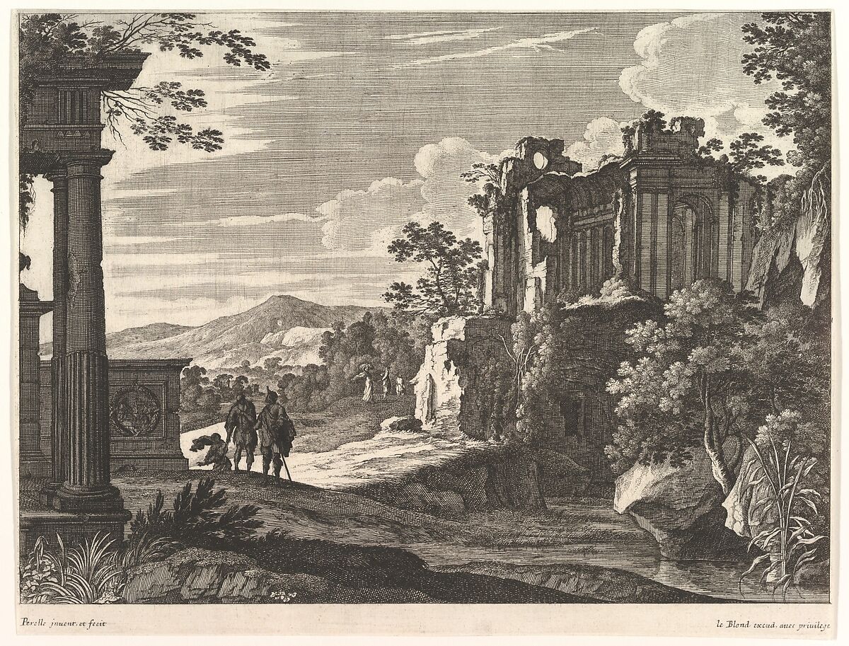 Travelers Visiting Ruins, Gabriel Perrelle (French, ca. 1603–1677), Engraving 
