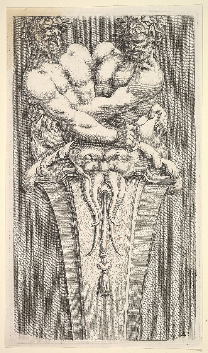 Design for a Term with Two Bacchic Figures, from: Curieuses recherches de plusieurs beaus morceaus d'ornemens antiques et modernes (...), Jean Le Pautre (French, Paris 1618–1682 Paris), Etching 