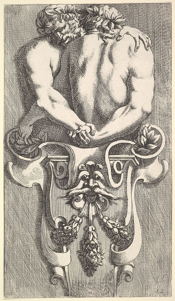Design for a Term with Two Embracing Satyrs, from: Curieuses recherches de plusieurs beaus morceaus d'ornemens antiques et modernes (...), Jean Le Pautre (French, Paris 1618–1682 Paris), Etching 