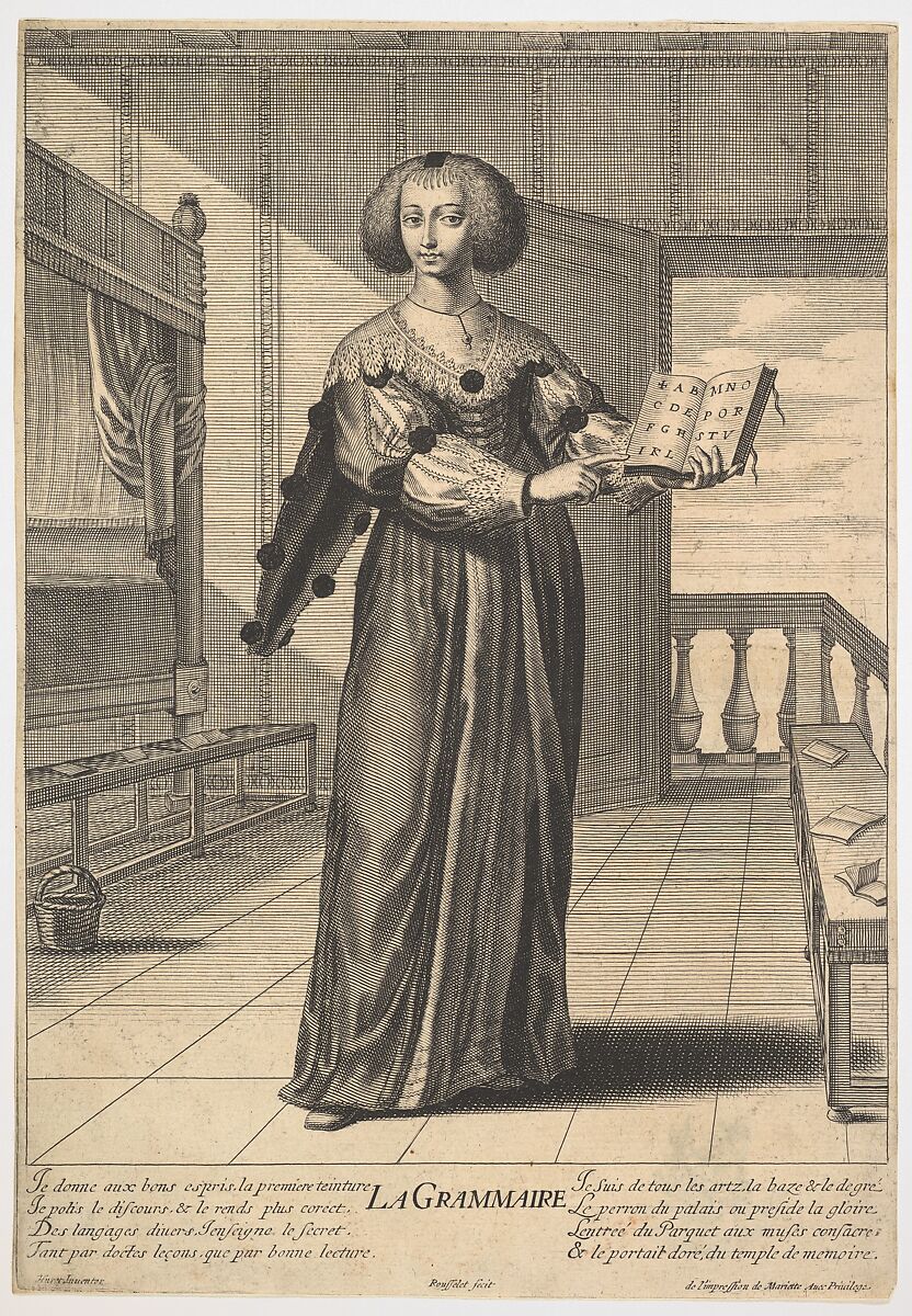 Grammar: a young woman standing in a decorated interior holding an open book in her left hand and pointing to the alphabet inscribed on its pages with her right hand, from the series 'The liberal arts' (Les arts liberaux), Gilles Rousselet (French, Paris 1614–1686 Paris), Engraving 