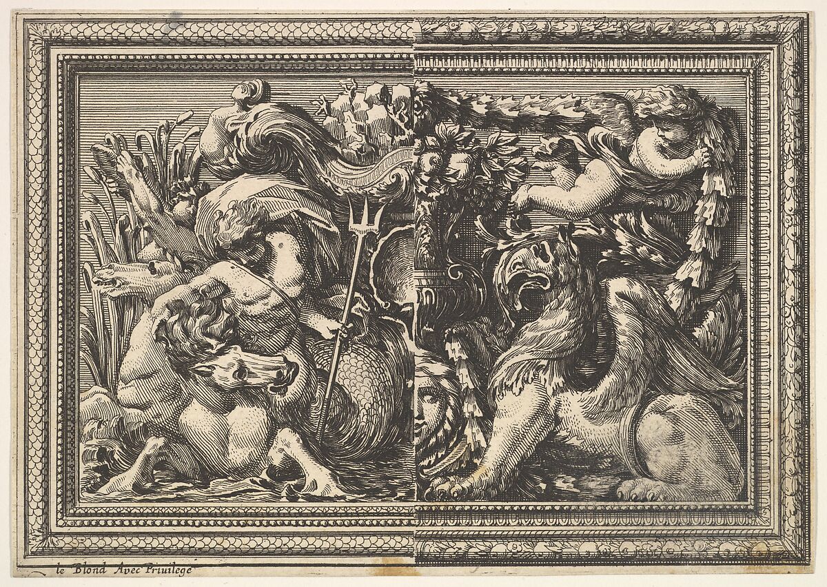 Design for a Panel with Two Variants containing a Hippocamp and a Griffin, from: Ornements de panneaux à la romaine, Jean Le Pautre (French, Paris 1618–1682 Paris), Etching; first edition 