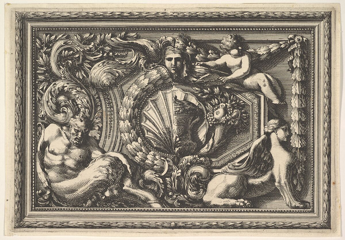 Design for a Panel with Two Variants containing a Satyr and a Sphynx, from: Panneaux d'ornement, Jean Le Pautre (French, Paris 1618–1682 Paris), Etching; first edition 