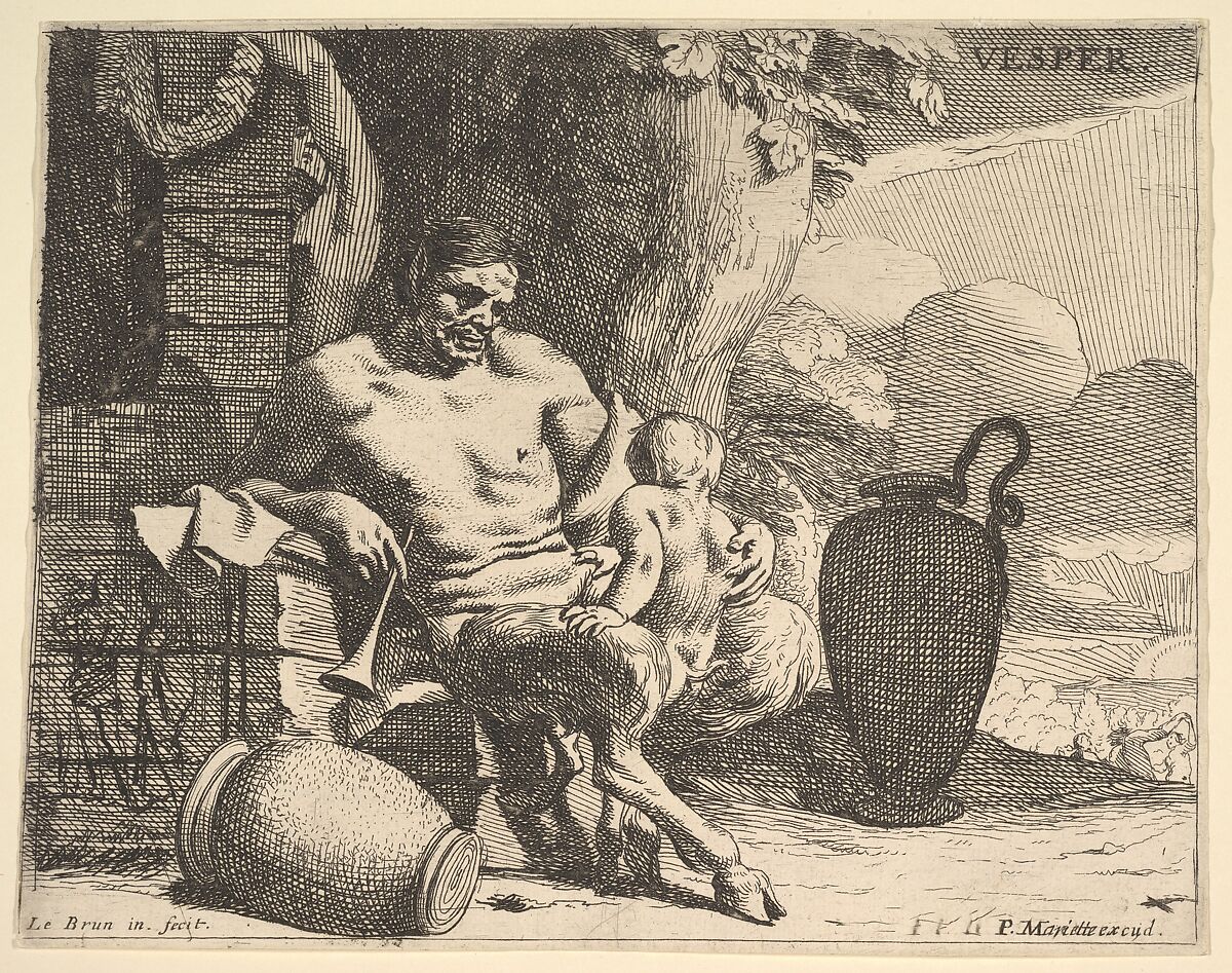 Evening: a seated satyr clasps his child, a figure hangs a garland on a pier beyond, from the series "Hours of the day", Charles Le Brun (French, Paris 1619–1690 Paris), Etching 