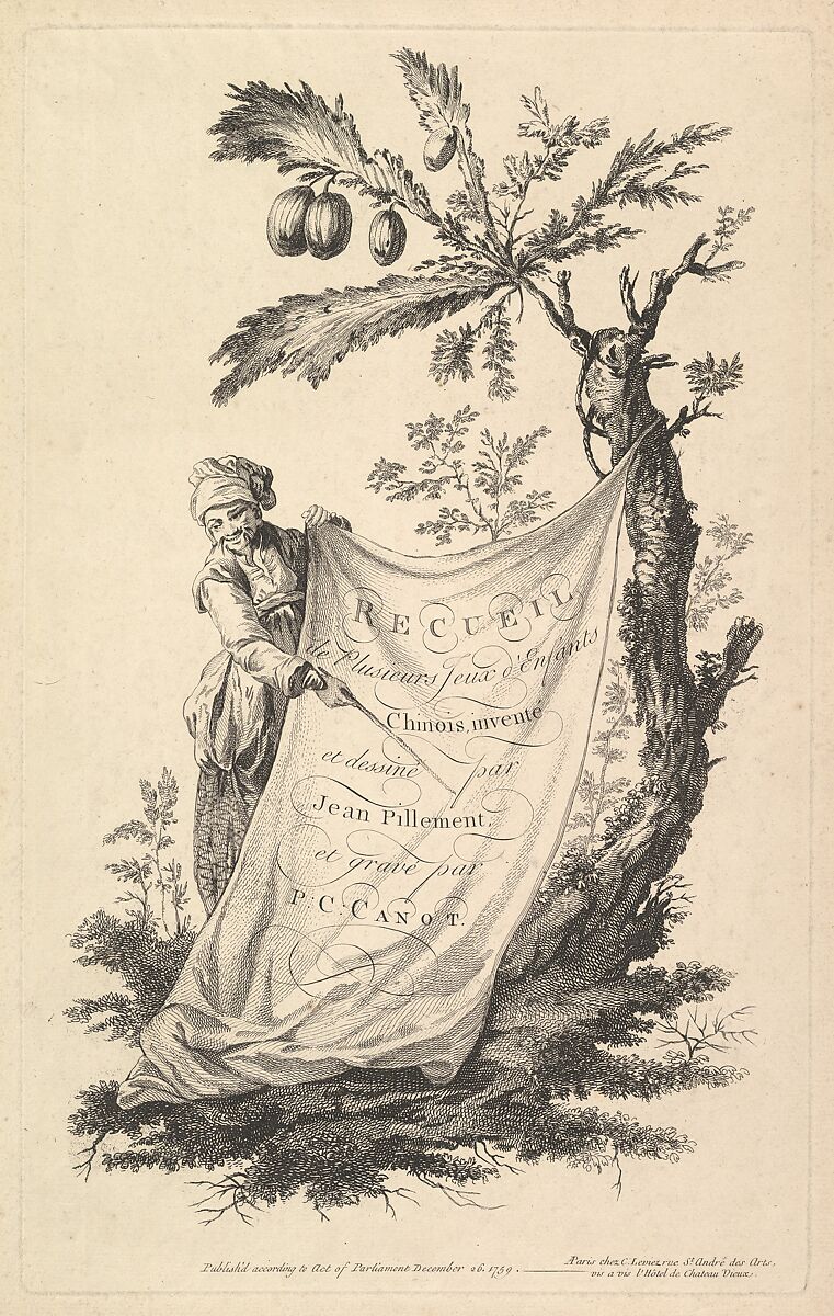 Title page: a smiling man holds a corner of a cloth tied to a fig tree and points with a stick to the cloth's inscription, from 'Recueil de plusieurs jeux d'enfants chinois' after Jean Pillement, After Jean Pillement (French, Lyons 1728–1808 Lyons), Engraving 